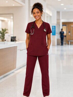 FIGS Burgundy Scrub Set- Casma Top XS- Livingston Petite Pants XSP